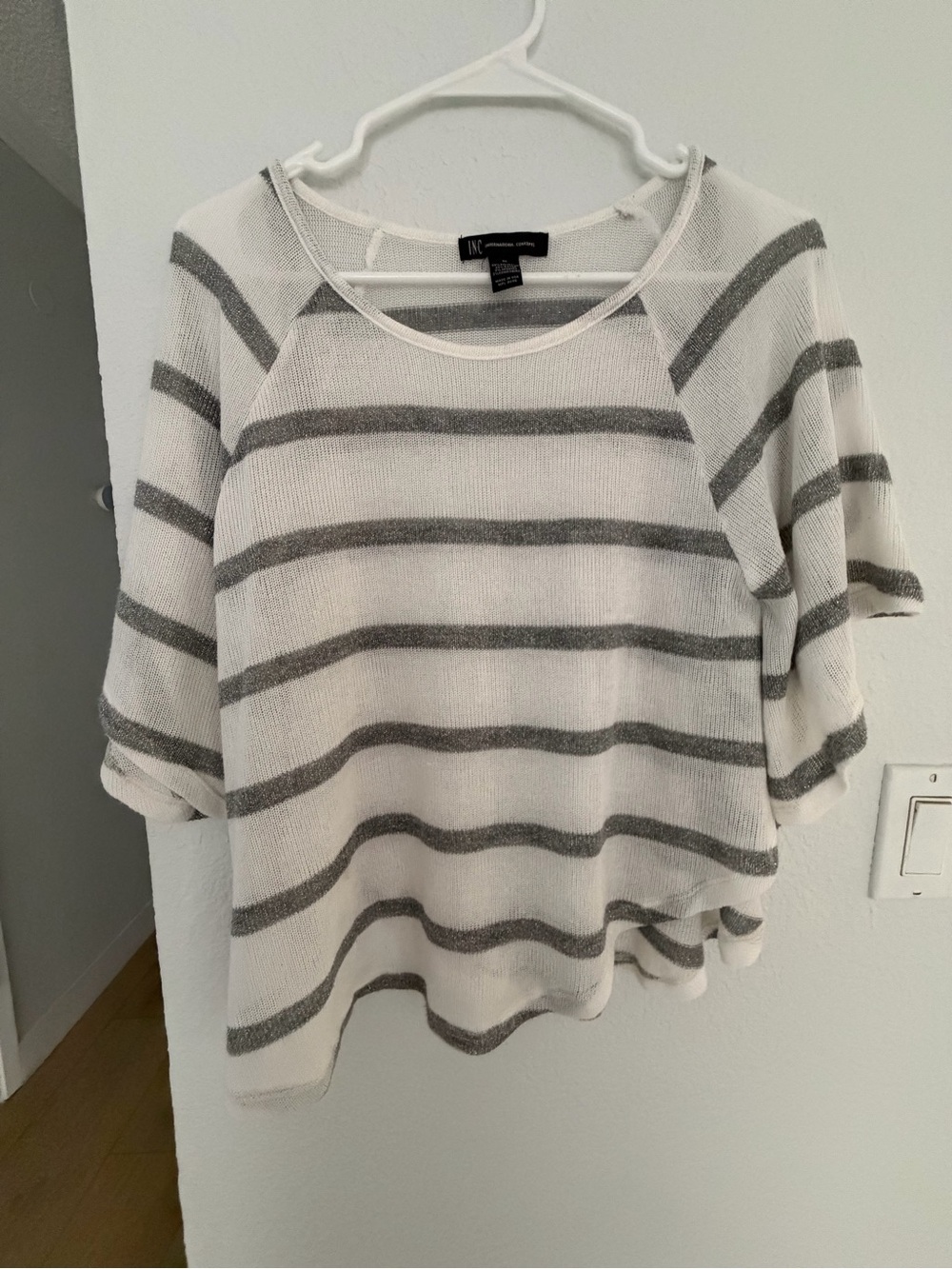 INC International Concepts White and Gray Striped Knit Pullover